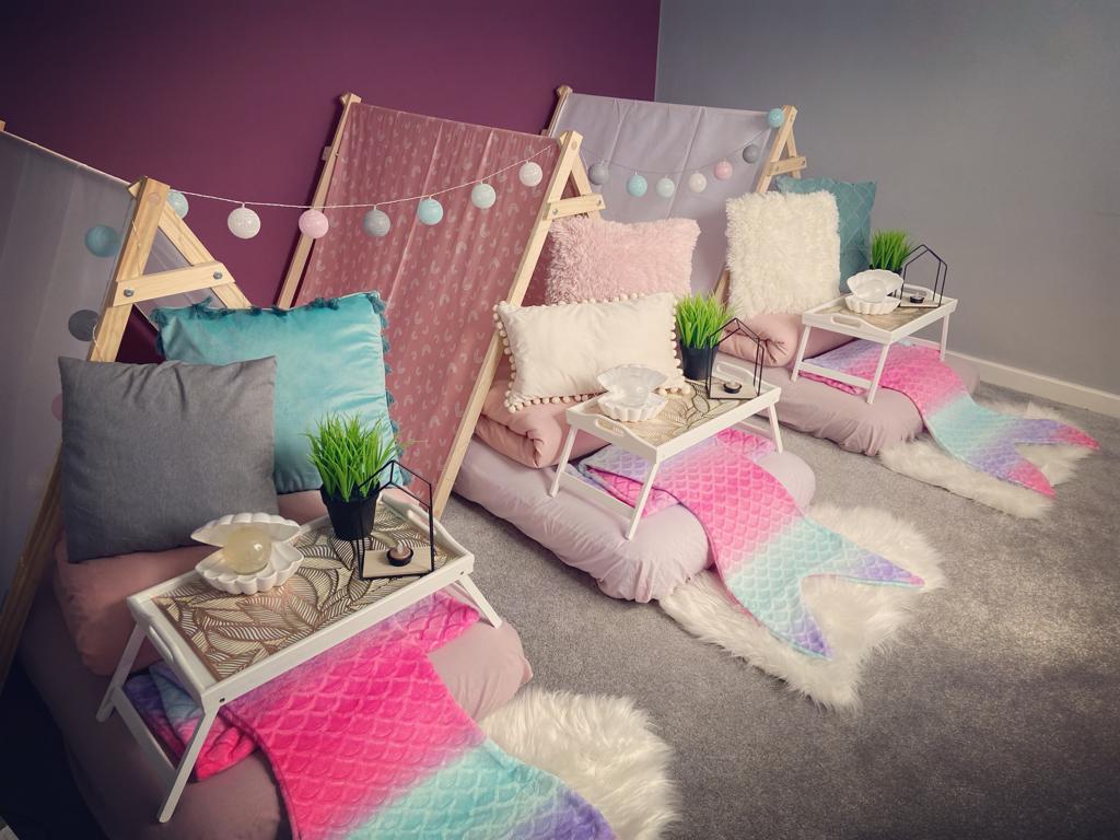 Mermaid themed teepee tents styled for a children's sleepover party