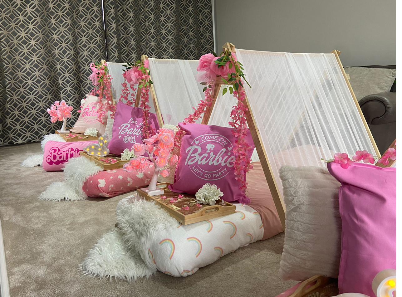 Barbie themed teepee sleepover party setup