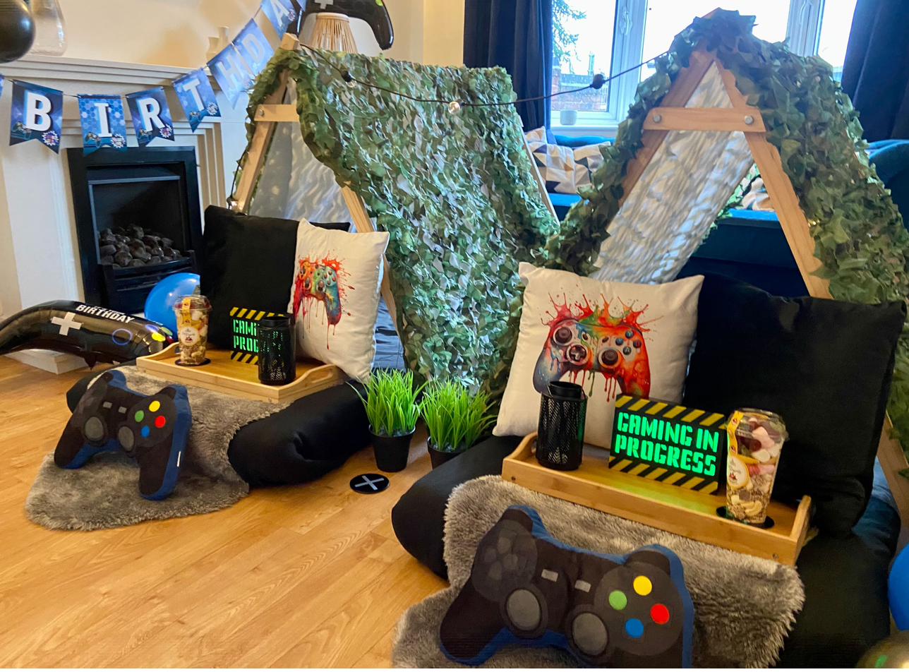 Video game themed teepee sleepover party setup