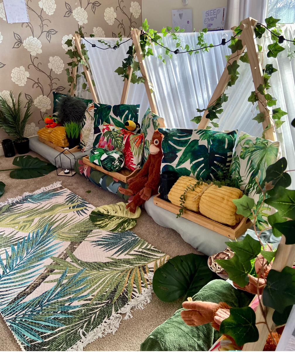 Jungle themed teepee sleepover party setup