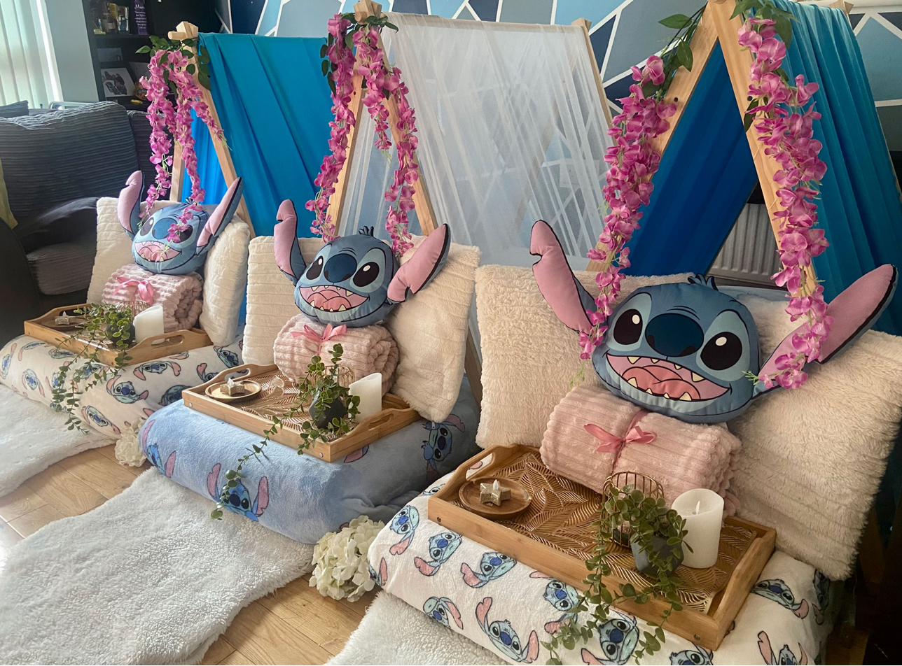 Lilo and Stitch themed teepee sleepover party setup