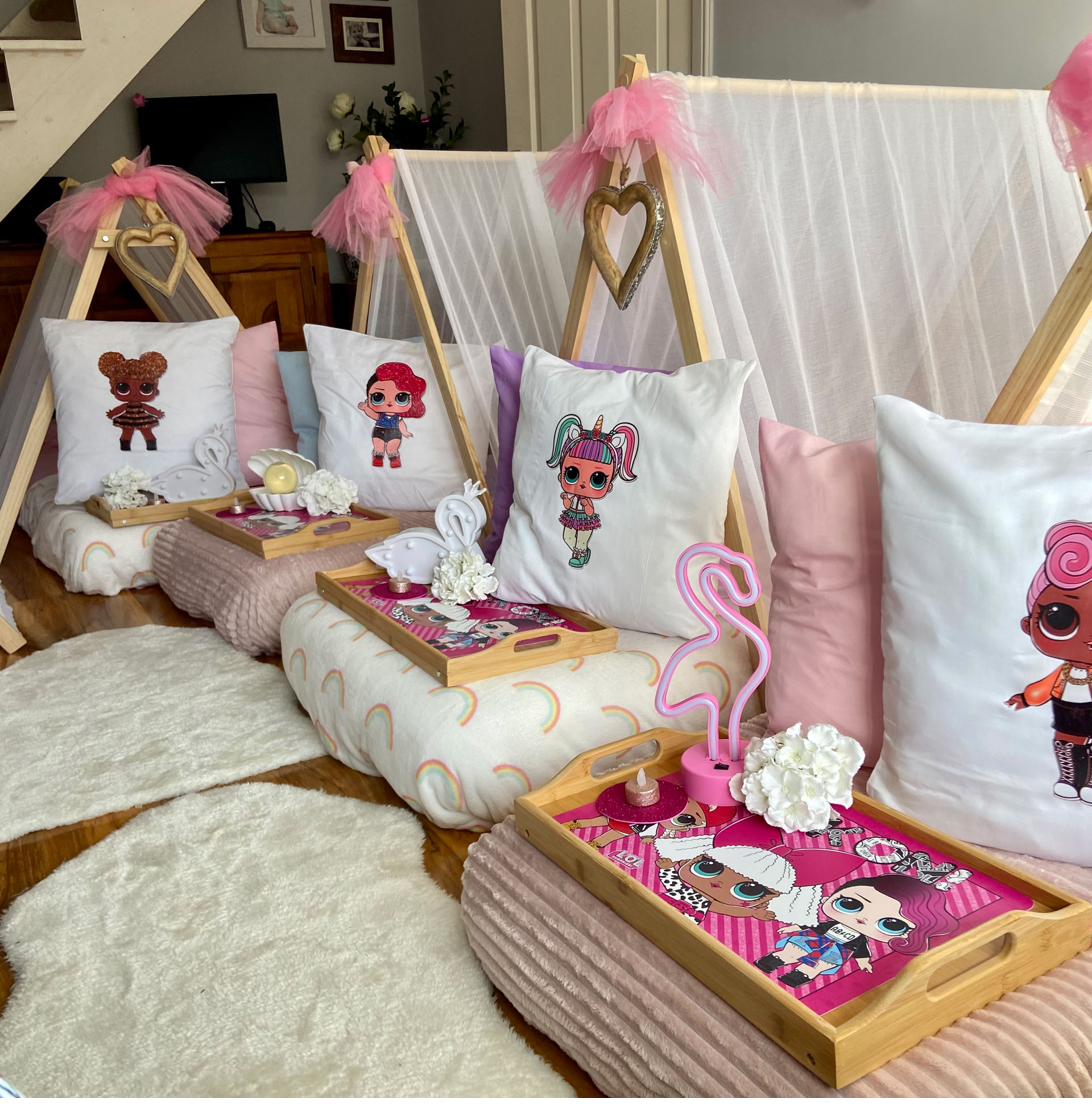 LOL Surprise themed teepee sleepover party setup